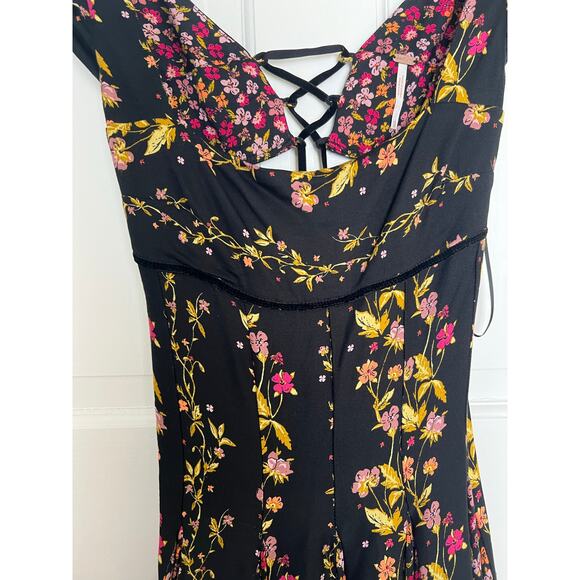 NEW Free People Women's XS Ponderosa Mini Dress Black Yellow Floral Open Back - Picture 10 of 15